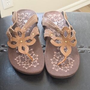 cushe Brown Floral Cutout Leather-Accent Sandals